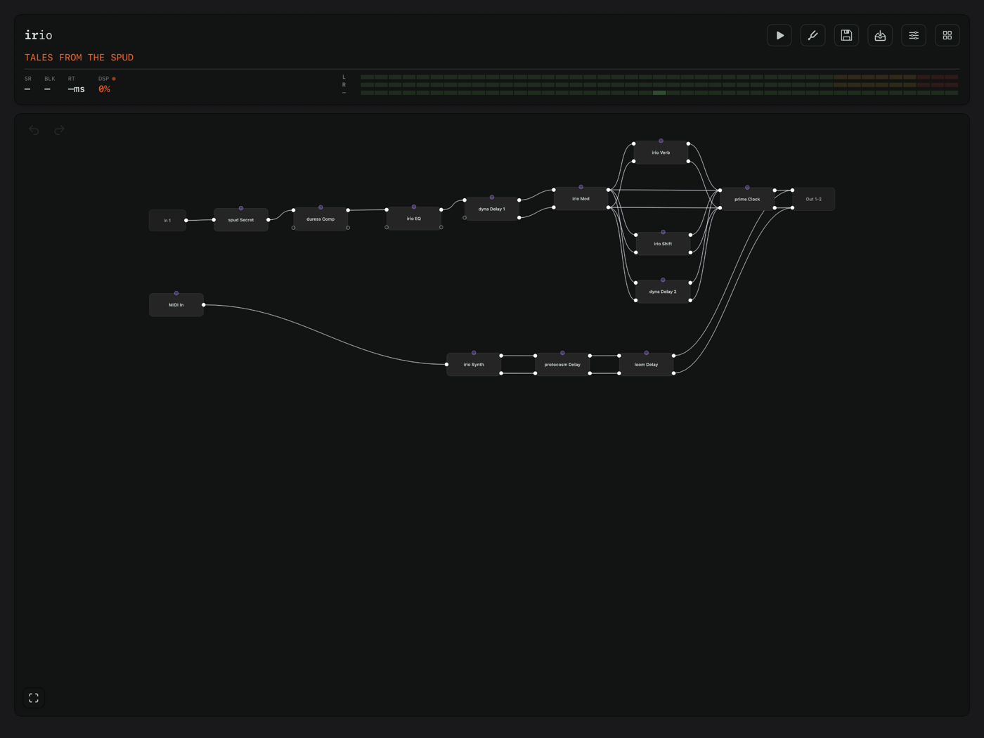 The routing canvas with the factory preset Tales from the Spud on iPad in landscape