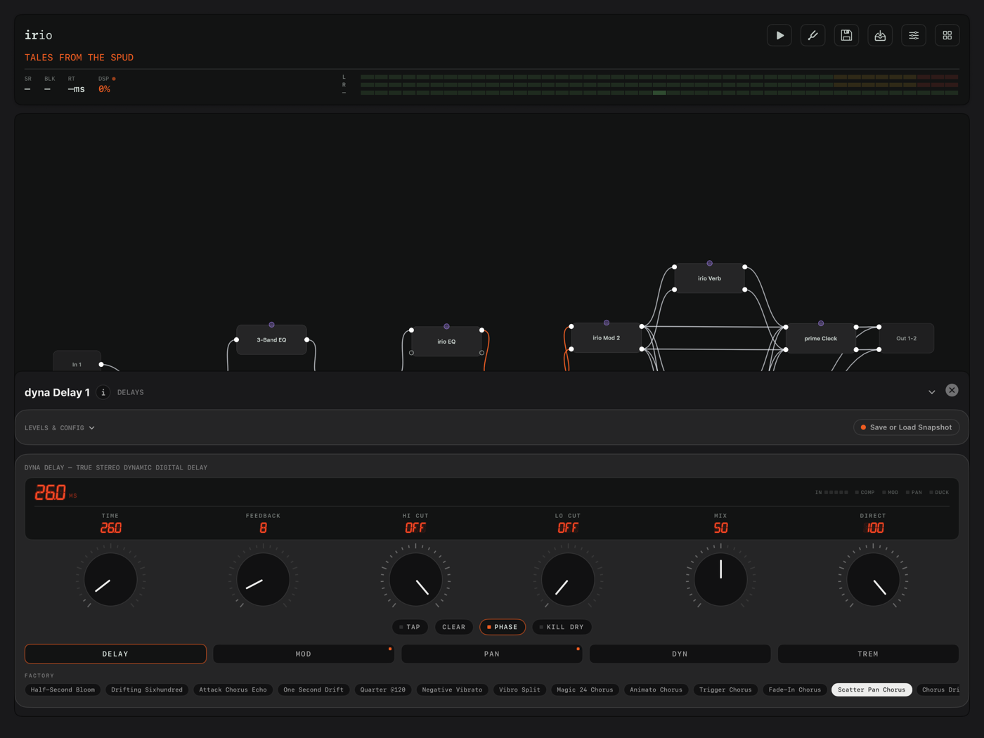 dyna Delay console on iPad, opened from the factory preset
