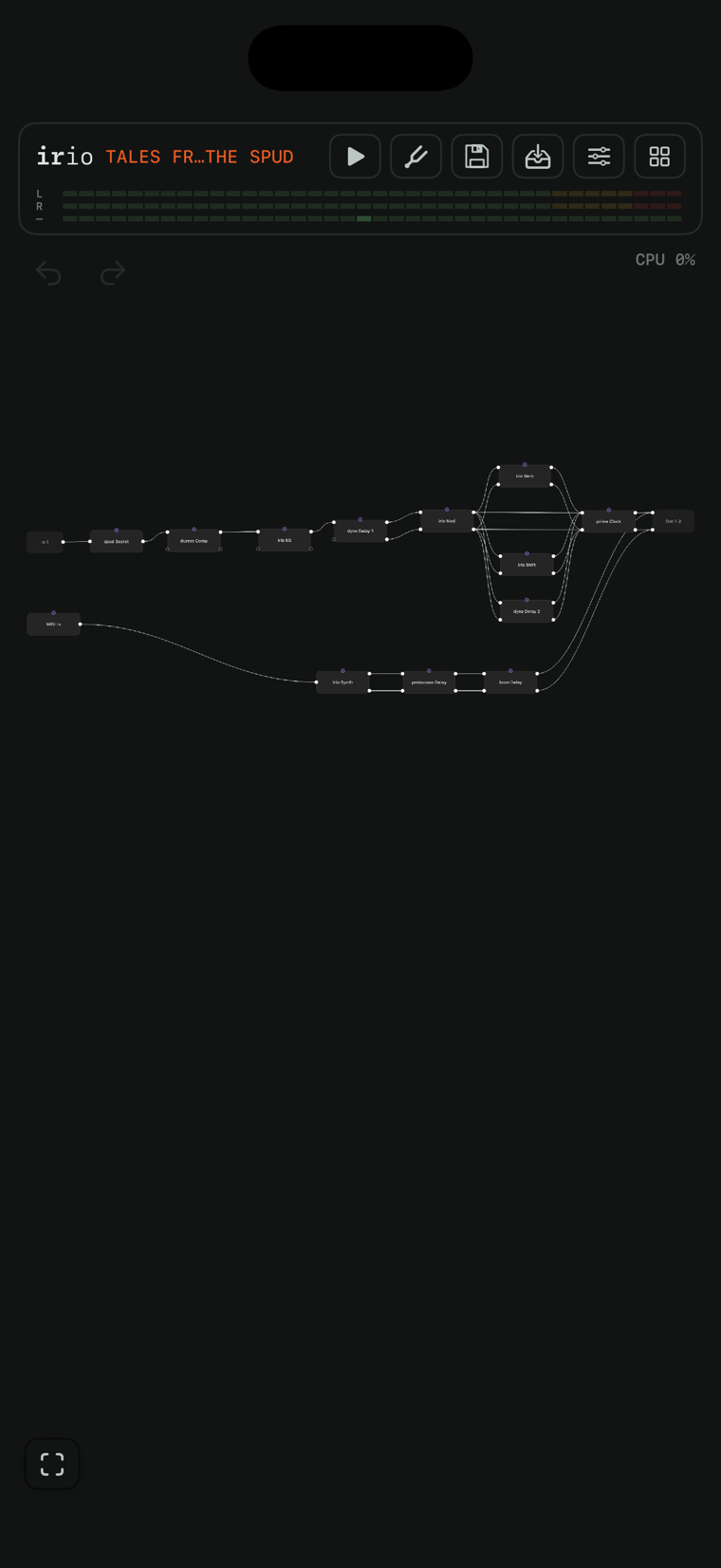 The routing canvas with the factory preset Tales from the Spud on iPhone